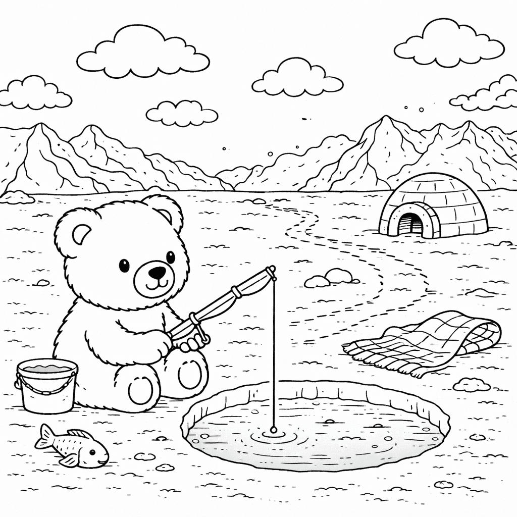 Eisbär beim Angeln auf dem Eis - Ausmalbild