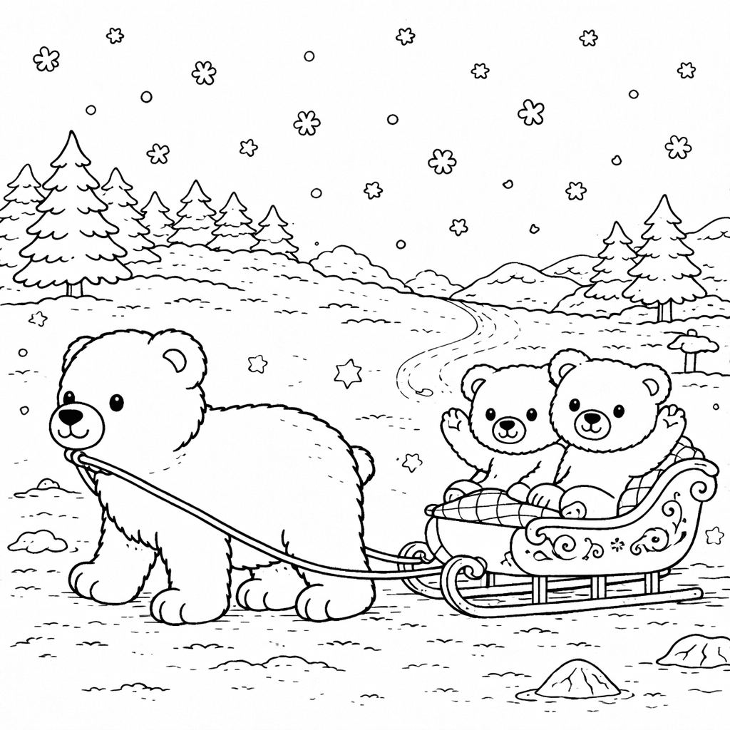Eisbärenfamilie auf Schlittenfahrt - Ausmalbild