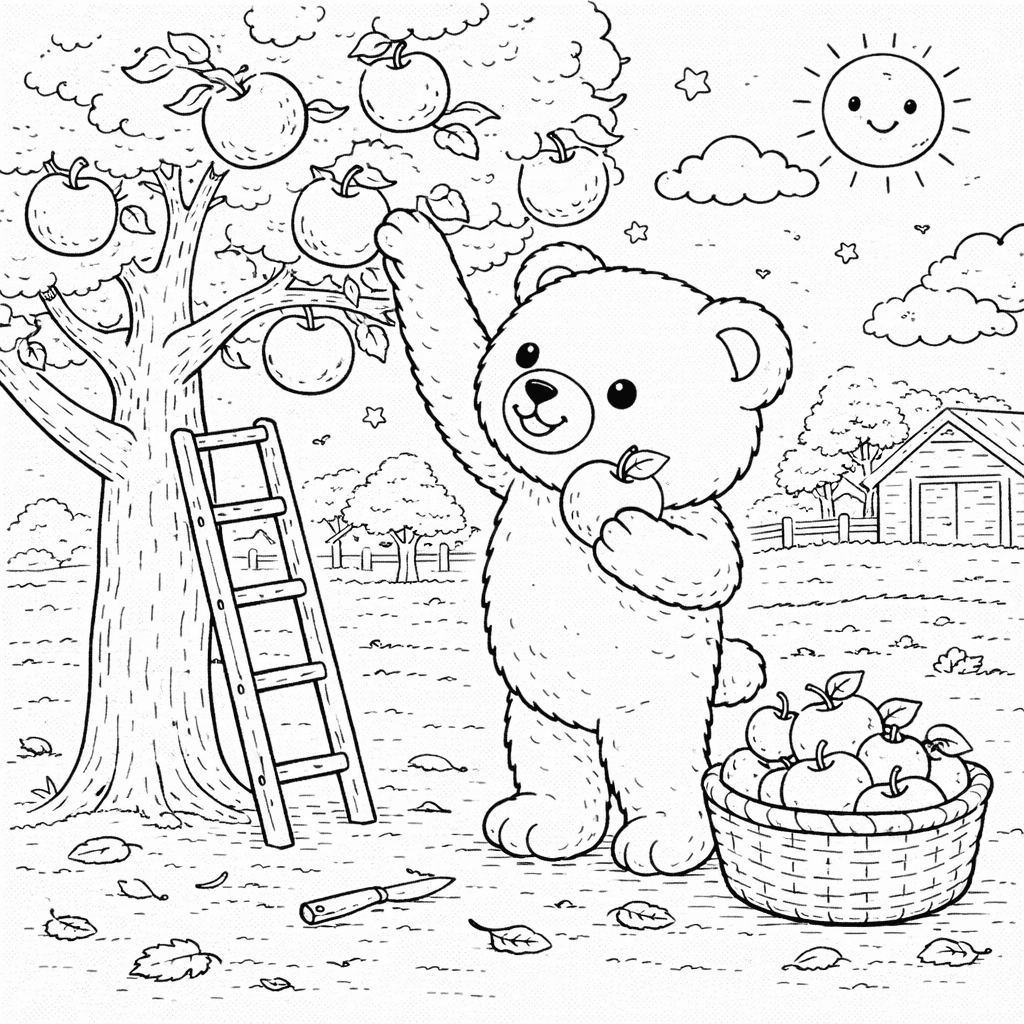 Fröhlicher Bär pflückt Äpfel im Garten - Ausmalbild