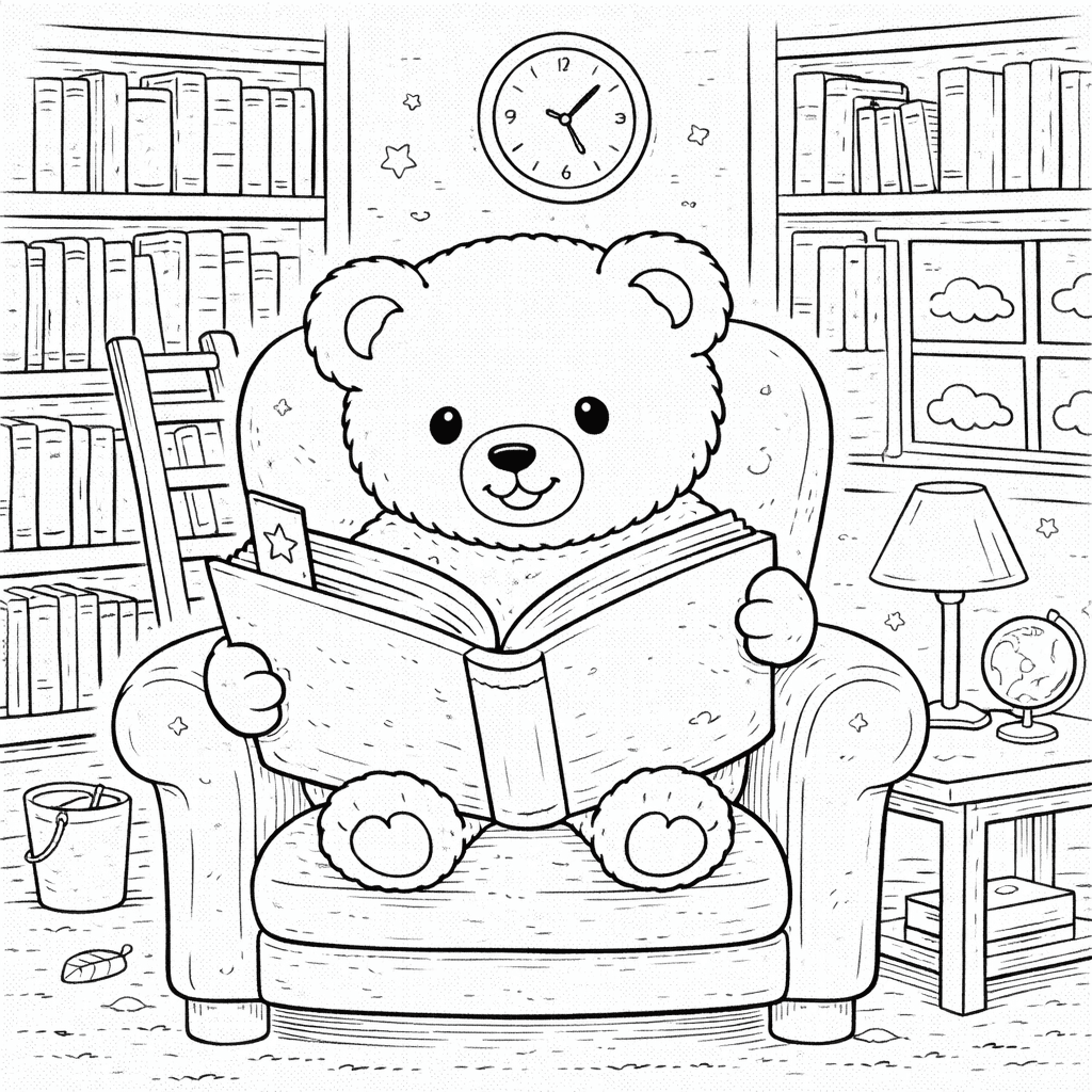 Kuschelige Bibliothek mit Teddybär - Ausmalbild