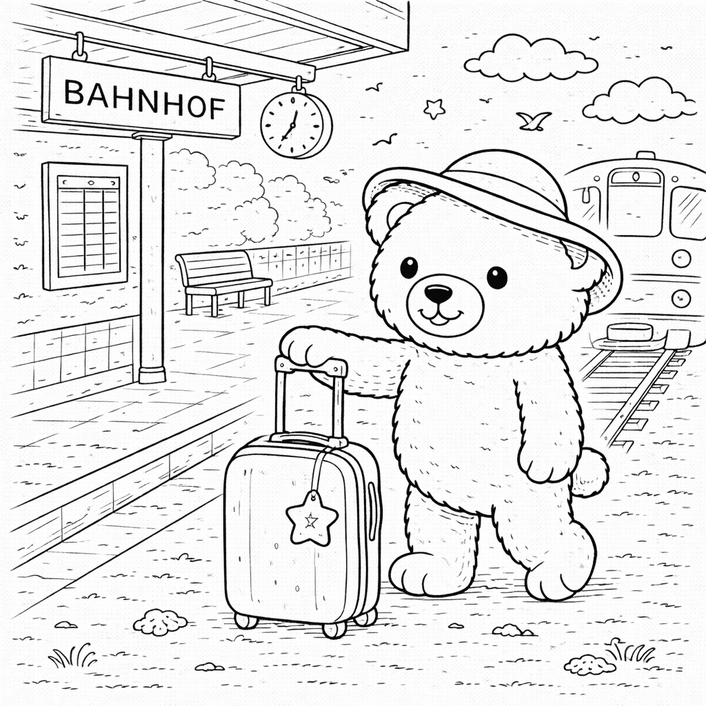 Teddybär am Bahnhof mit Koffer - Ausmalbild