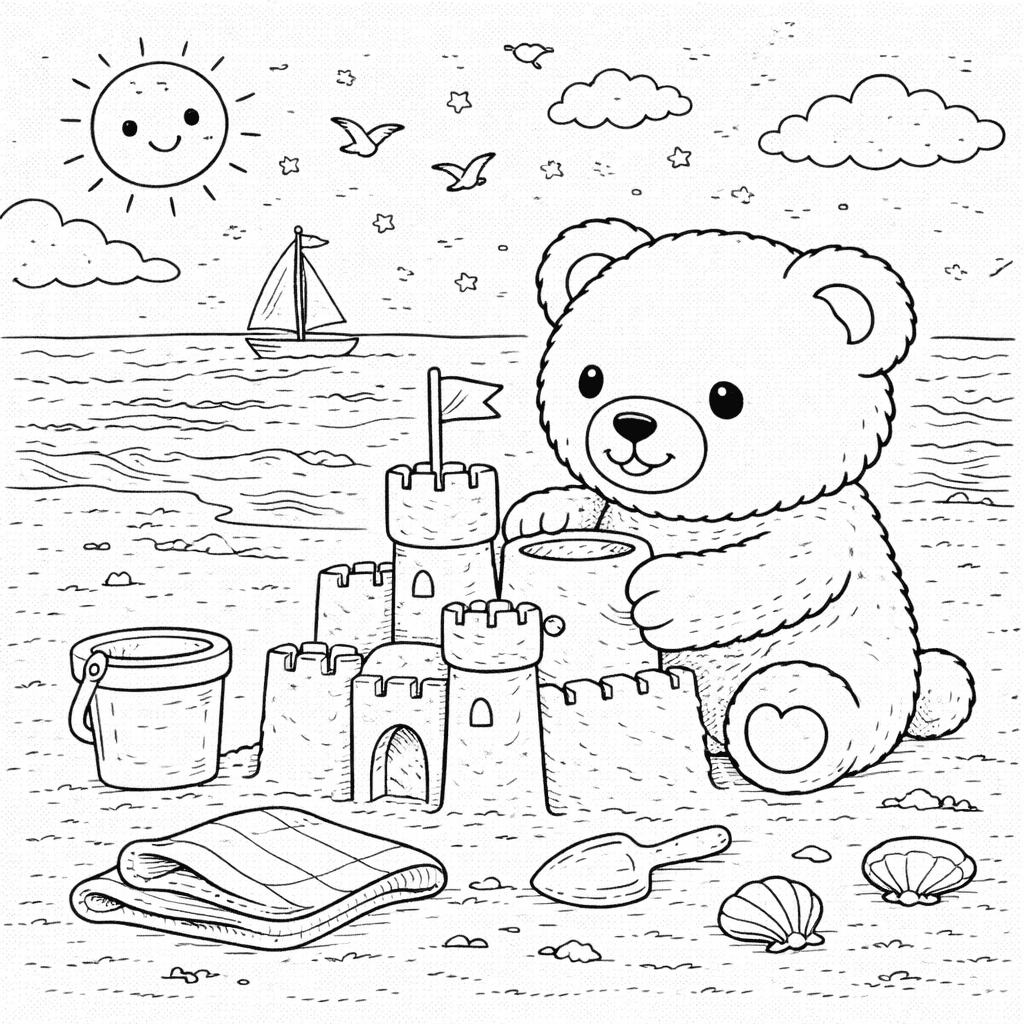 Teddybär baut eine Sandburg am Strand - Ausmalbild