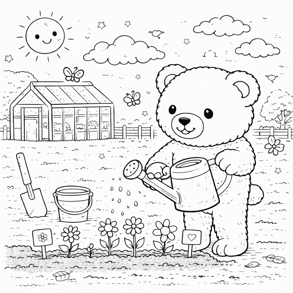 Teddybär gießt Blumen im Garten - Ausmalbild