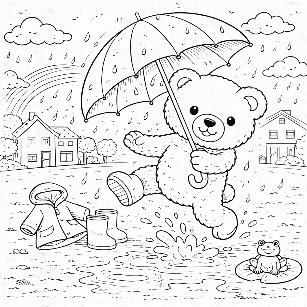 Teddybär im Regen mit Regenschirm - Ausmalbild