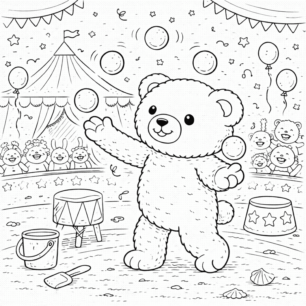 Teddybär im Zirkus wirft Bälle - Ausmalbild