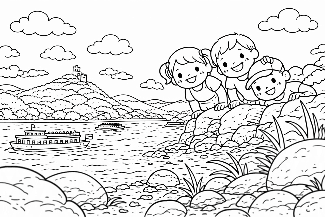 Rheinpromenade mit Blick aufs Siebengebirge - Ausmalbild