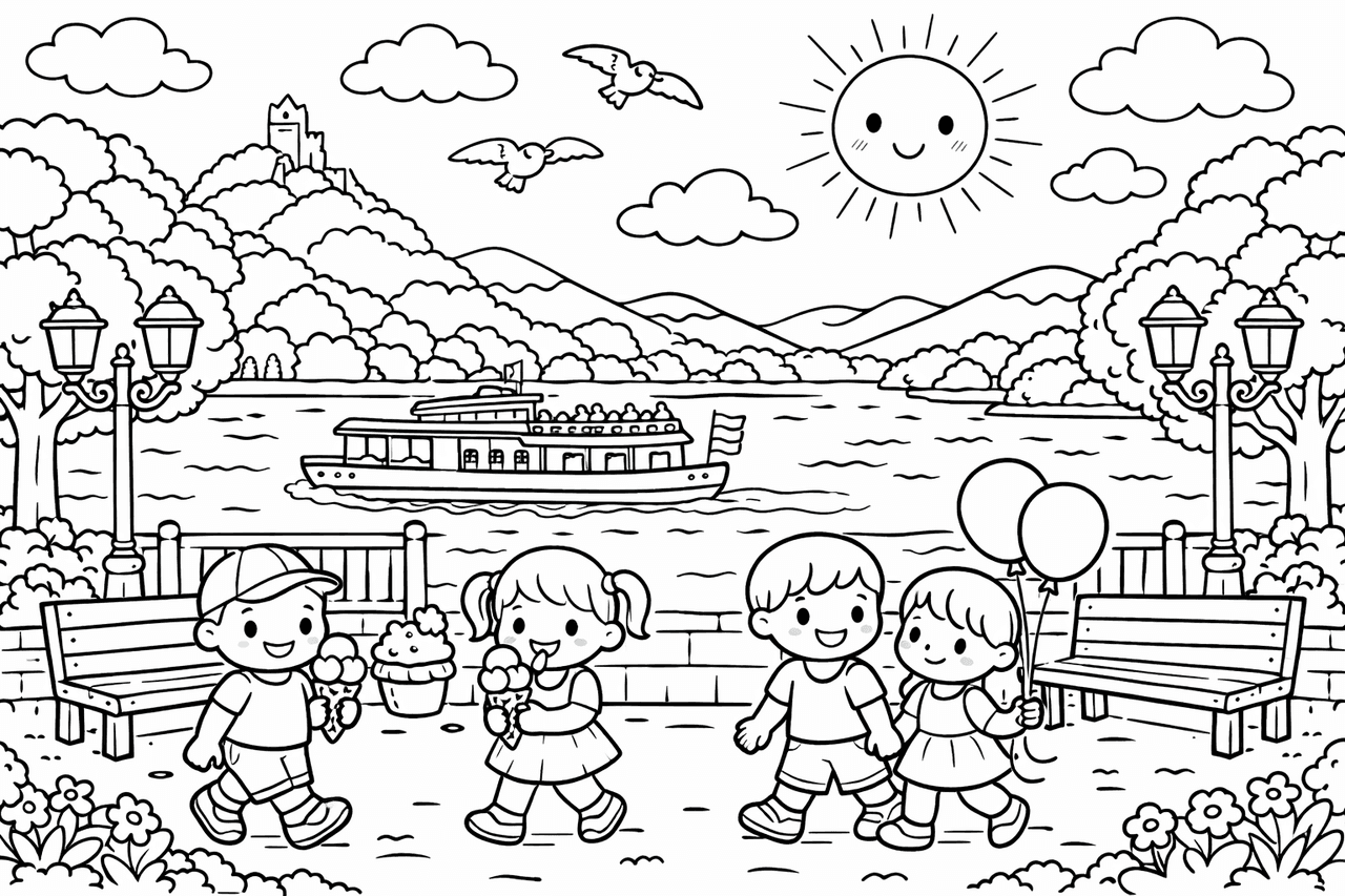 Drachenfels über dem Rheintal - Ausmalbild