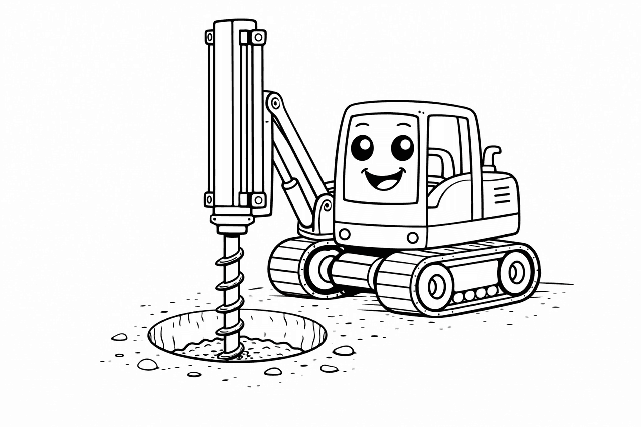 Baggerfahrzeug mit freundlichem Gesicht - Ausmalbild