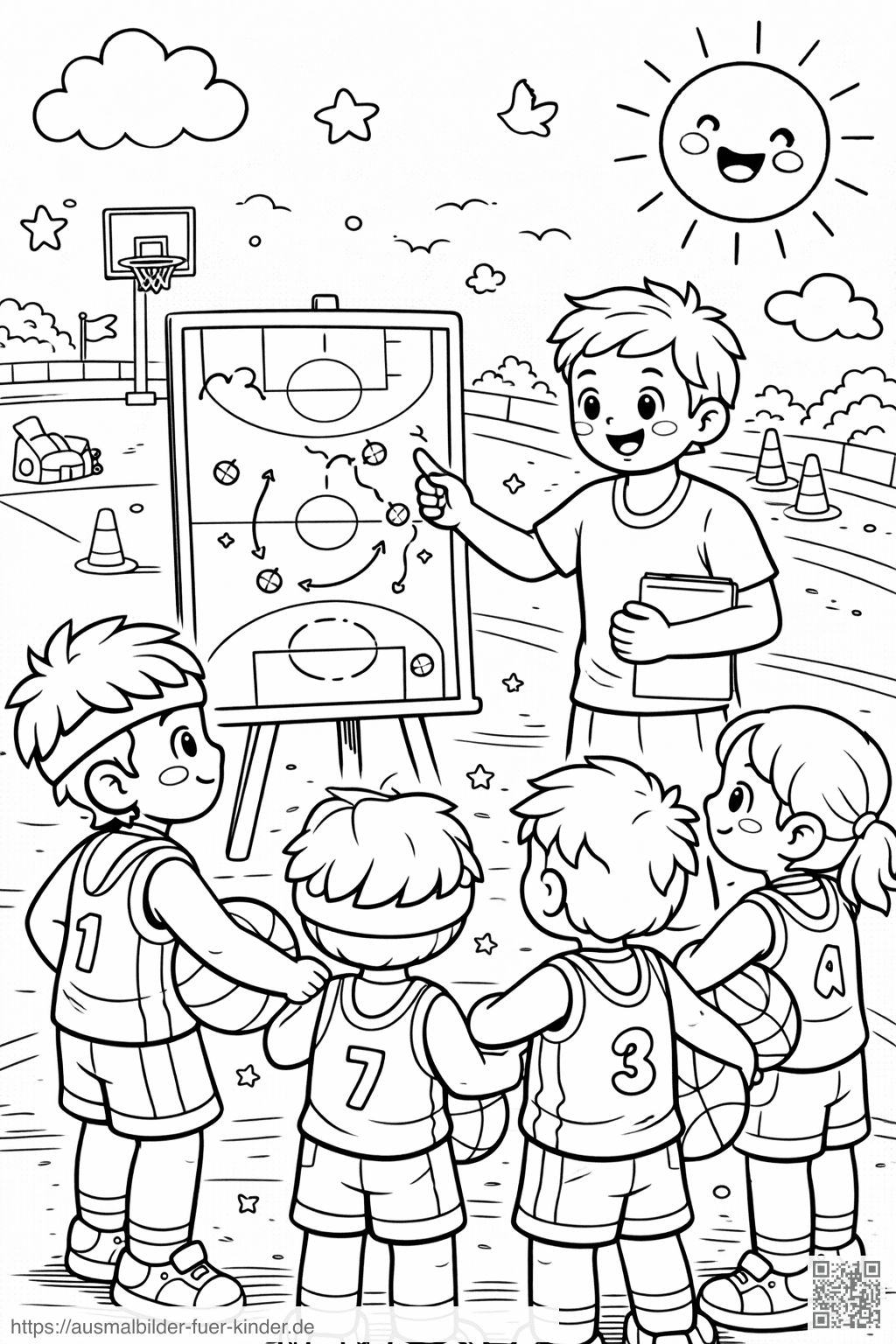 Basketball Coach erklärt Taktikspiel - Ausmalbild