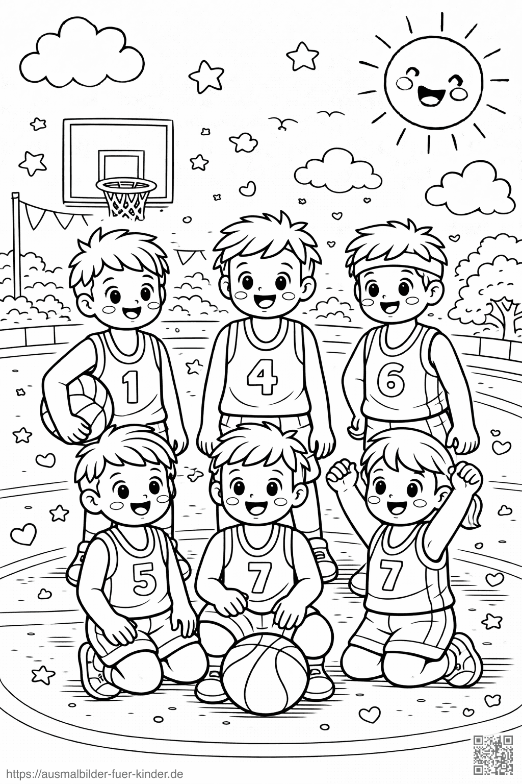 Jugendbasketballteam auf dem Spielfeld - Ausmalbild