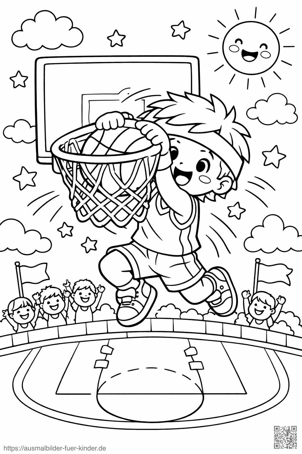 Junge beim Slam Dunk auf dem Spielfeld - Ausmalbild
