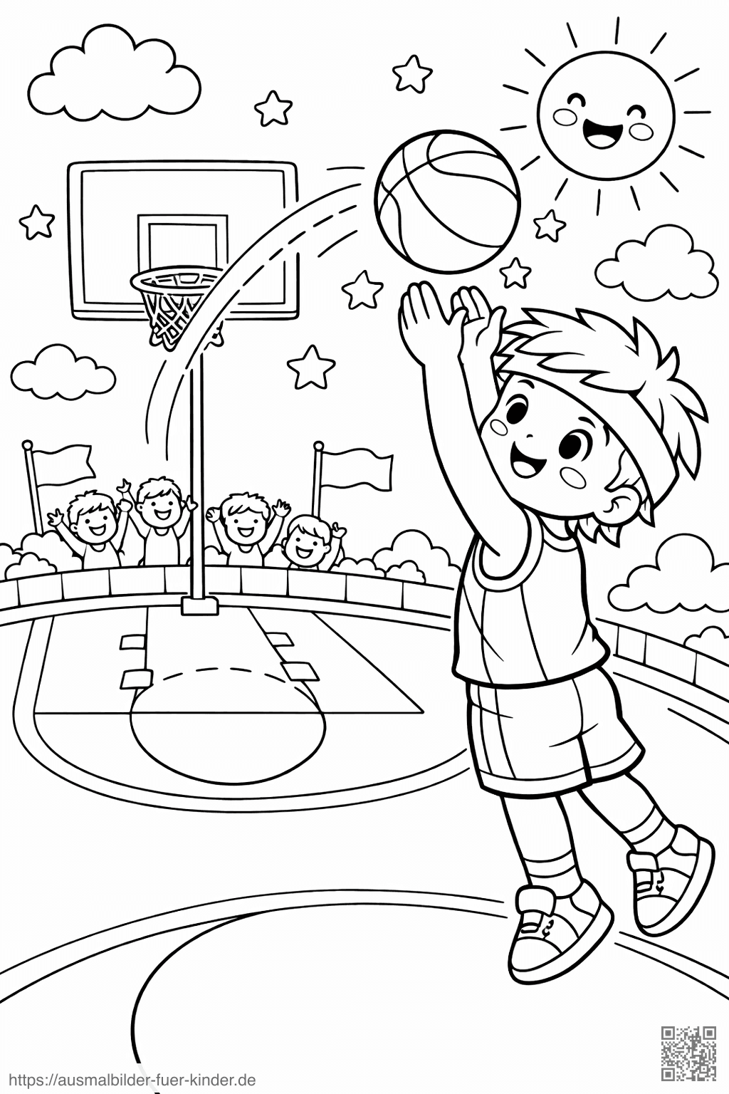 Junge wirft Basketball im Spiel - Ausmalbild