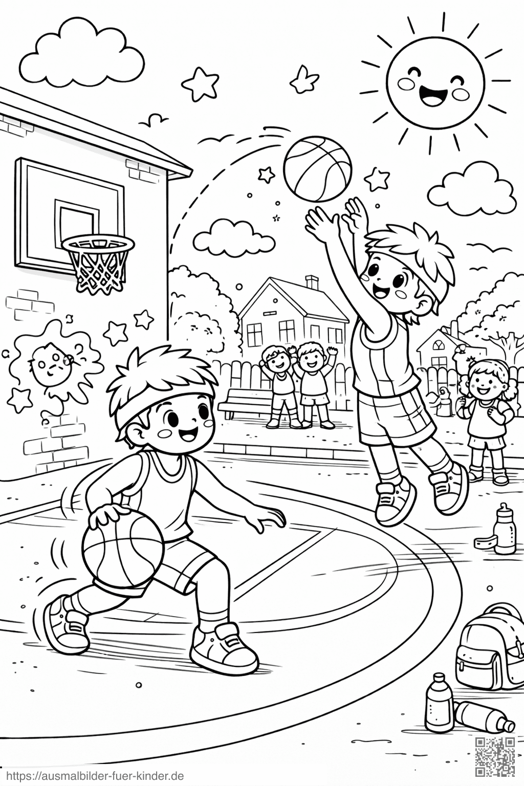 Kinder spielen Basketball auf dem Hof - Ausmalbild