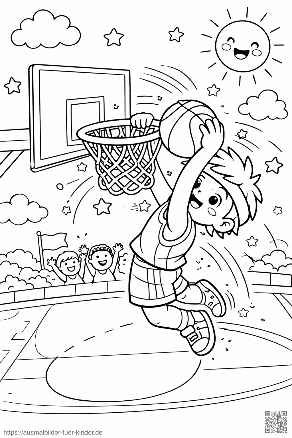 Kinderdunk mit fliegendem Ball - Ausmalbild