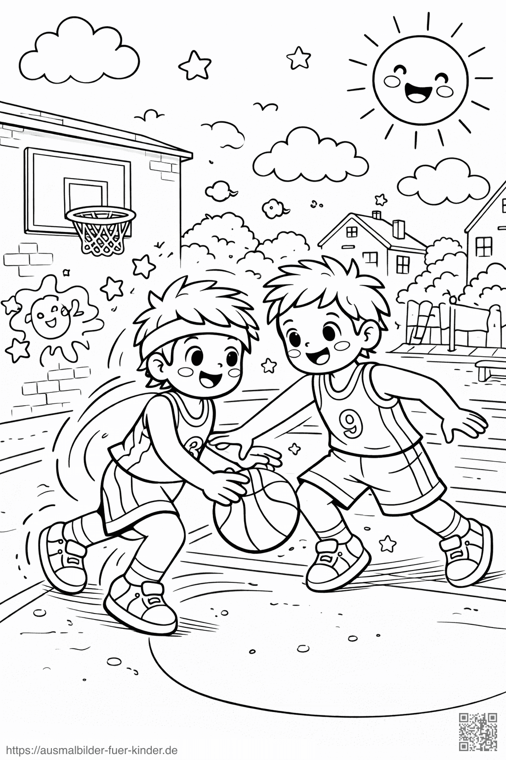 Straßenbasketball im sonnigen Freien - Ausmalbild