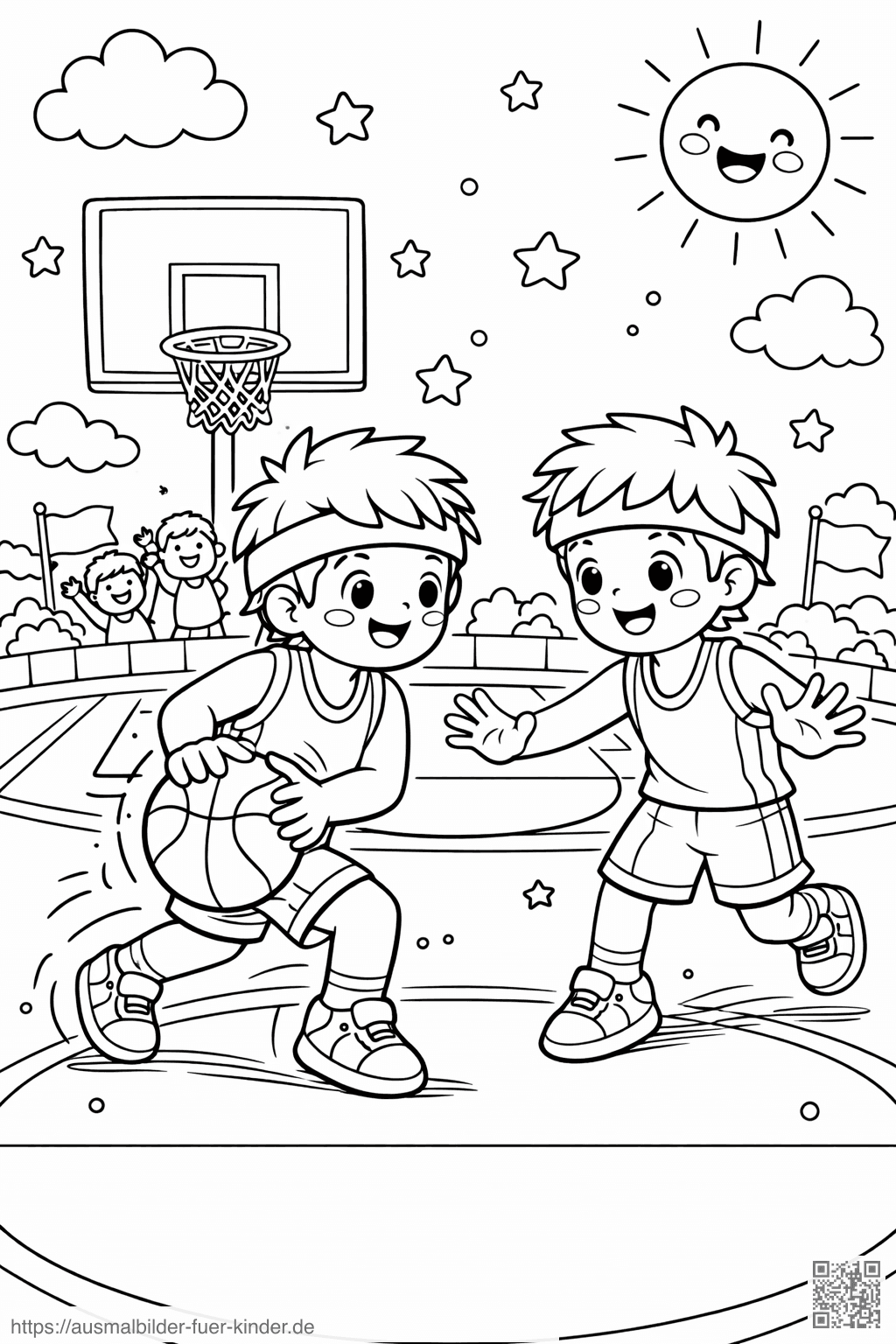 Zwei Jungs beim Basketballspielen - Ausmalbild