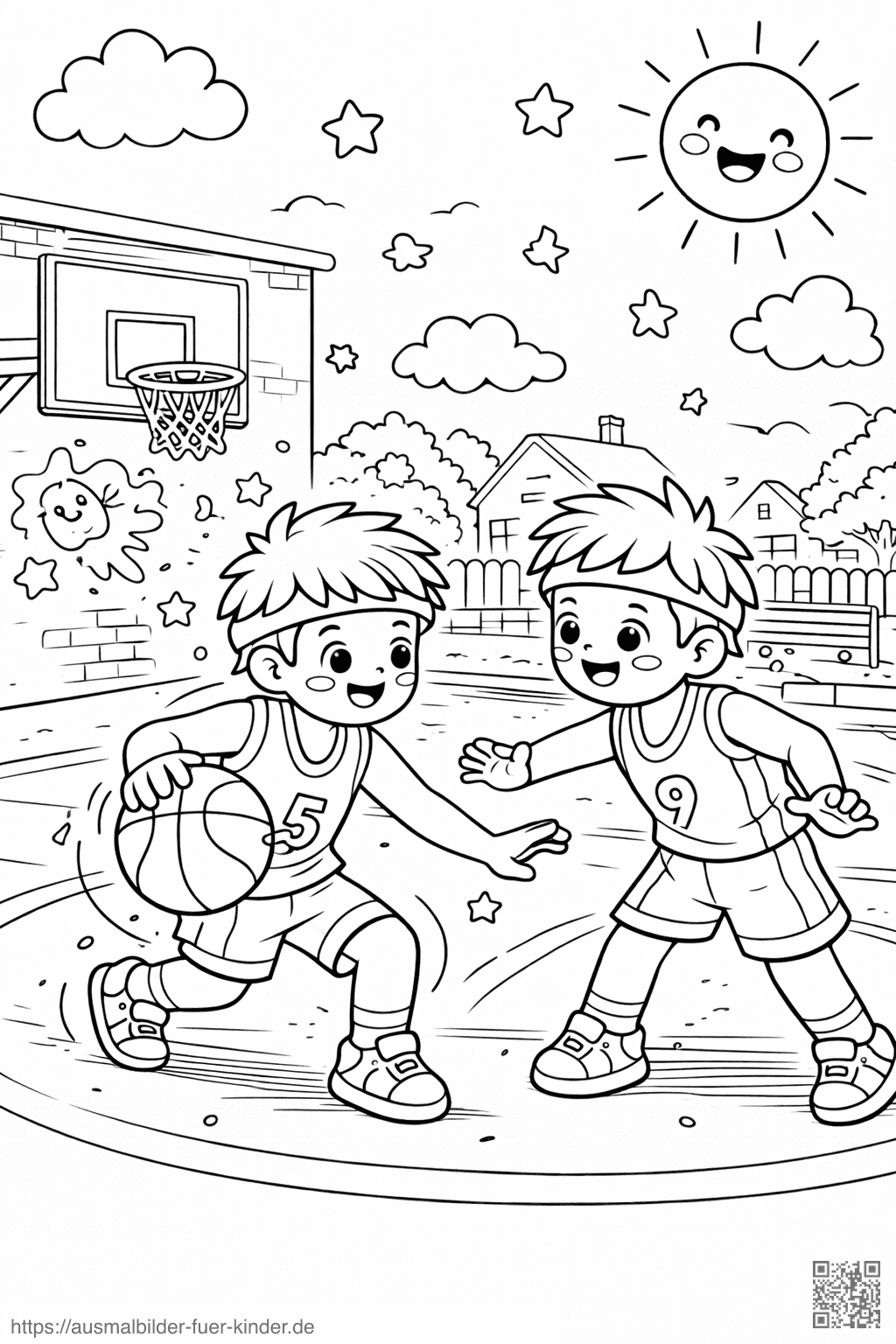 Zwei Jungs spielen Basketball auf dem Hof - Ausmalbild