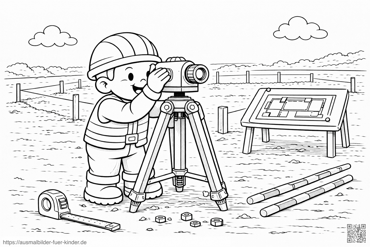 Bauarbeit mit Vermessungsinstrument und Blaupause - Ausmalbild