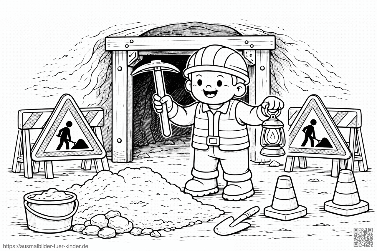 Bauarbeiter am Tunnel-Eingang - Ausmalbild