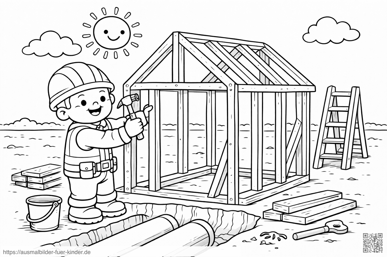 Bauarbeiter beim Hausrahmenaufbau - Ausmalbild