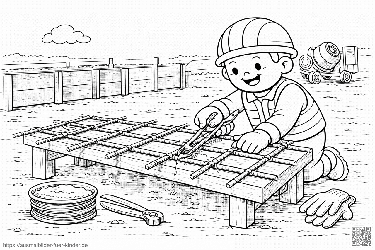 Bauarbeiter bindet Stahlriegel auf Baustelle - Ausmalbild