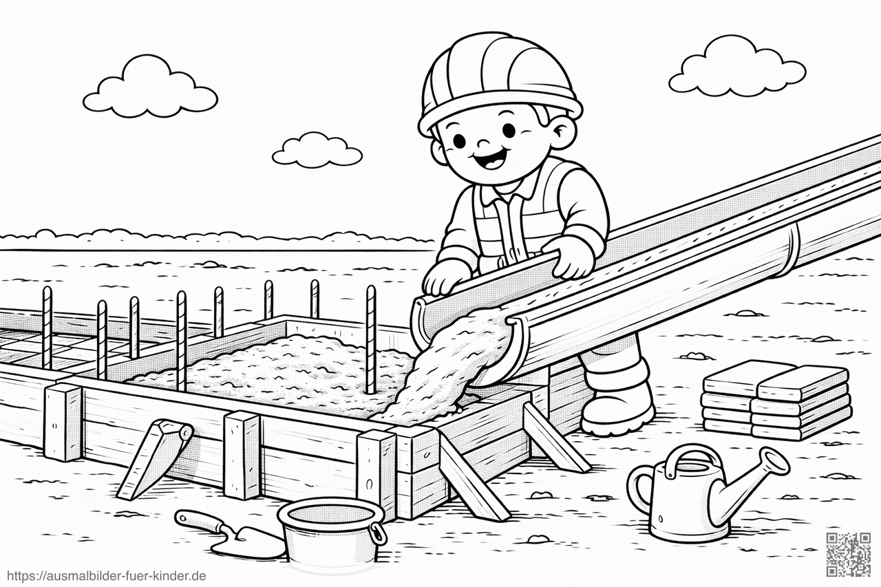 Bauarbeiter gießt Beton in Fundament - Ausmalbild
