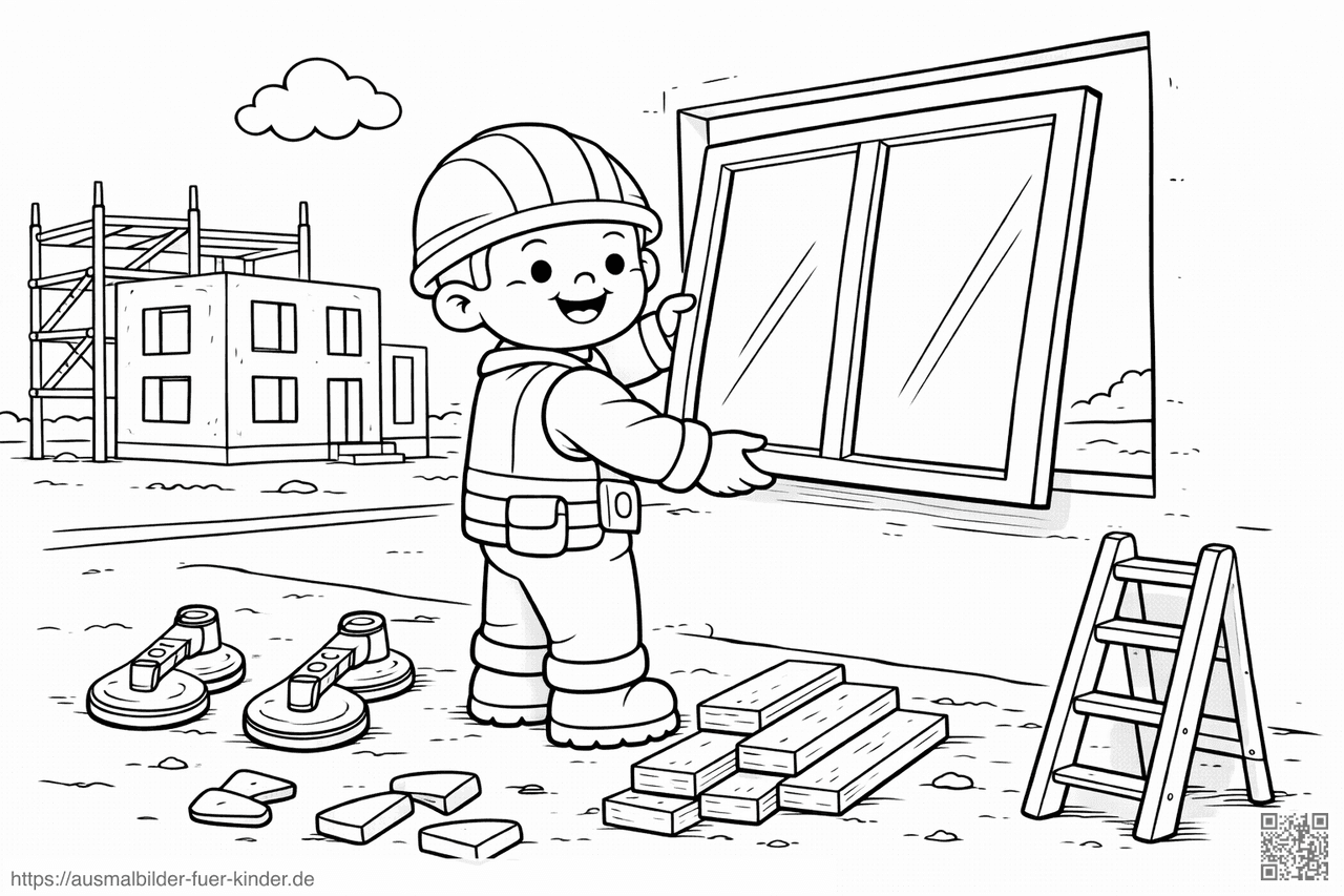 Bauarbeiter installiert Fensterrahmen - Ausmalbild