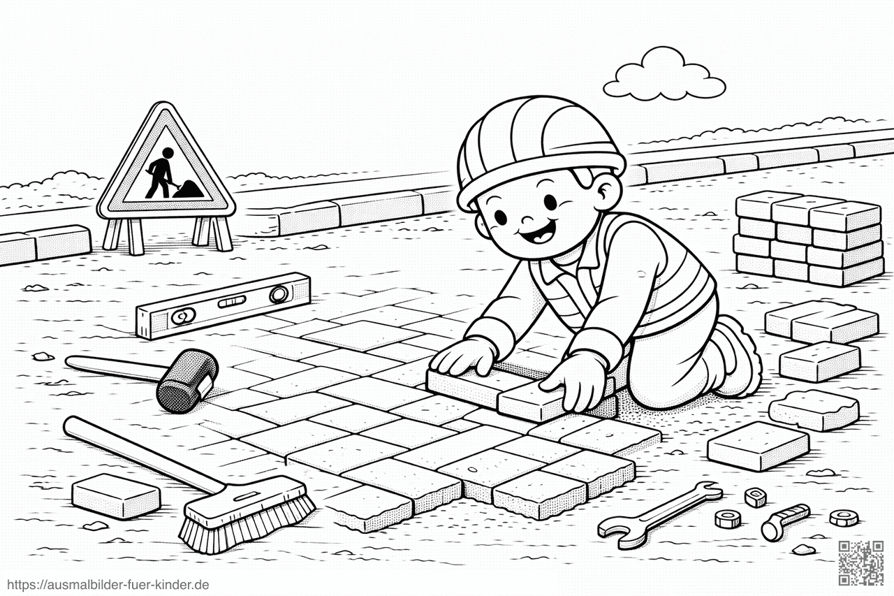 Bauarbeiter verlegt Pflastersteine - Ausmalbild
