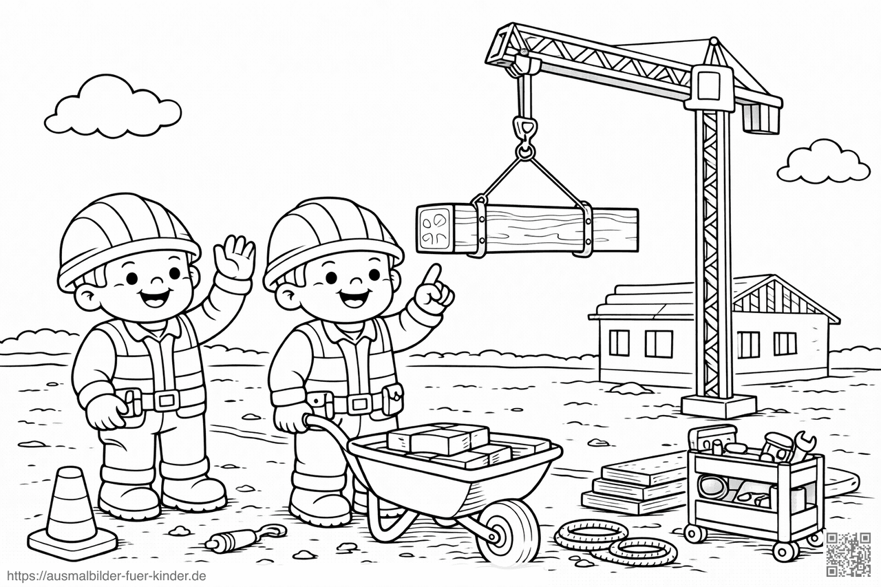 Bauarbeiter leiten Kranarbeit auf Baustelle - Ausmalbild Bauarbeiter leiten Kranarbeit auf Baustelle - Ausmalbild