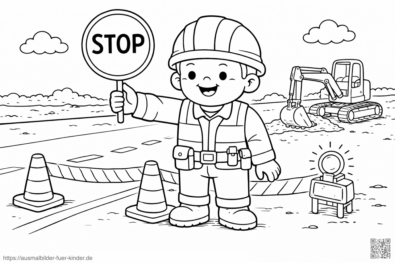 Bauarbeiter mit Stoppschild und Baustellenabsicherung - Ausmalbild