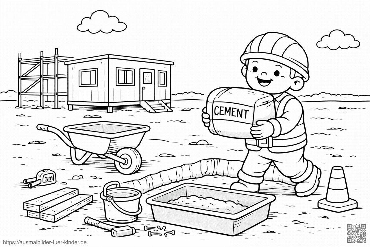 Bauarbeiter mit Zementsack auf Baustelle - Ausmalbild Bauarbeiter mit Zementsack auf Baustelle - Ausmalbild