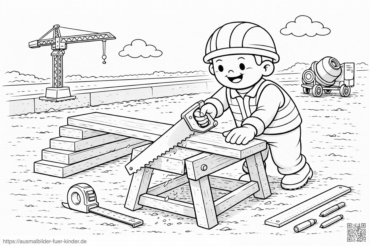 Bauarbeiter sägt Holz auf Baustelle - Ausmalbild