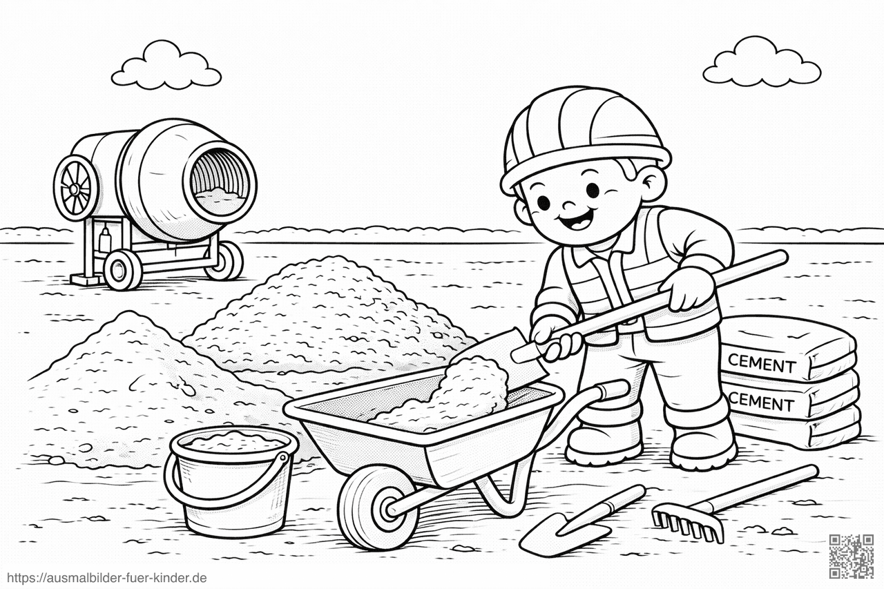 Bauarbeiter schaufelt Sand auf Baustelle - Ausmalbild