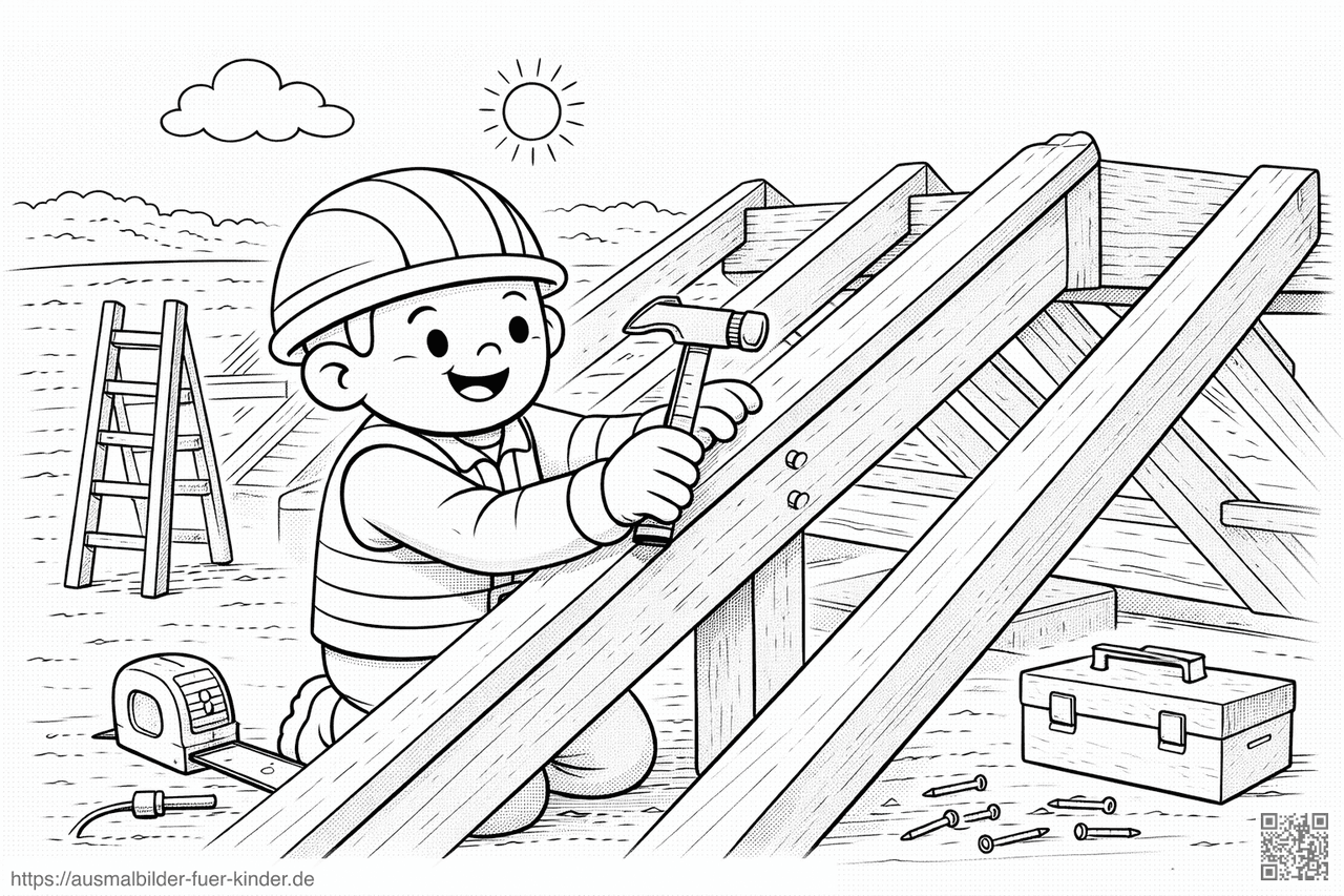 Bauarbeiter sichert Dachbalken mit Hammer - Ausmalbild
