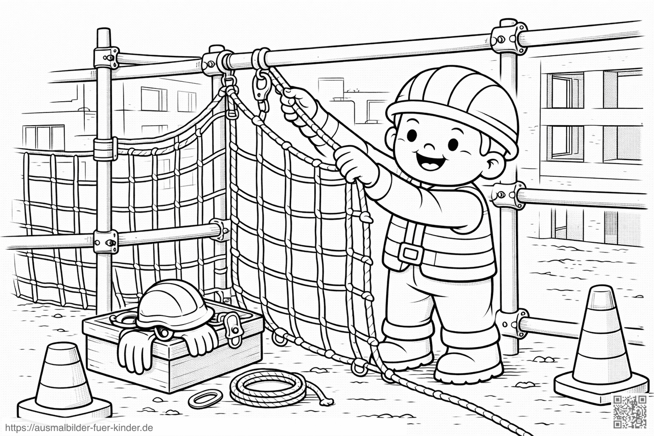 Bauarbeiter sichert Sicherheitsnetz am Gerüst - Ausmalbild