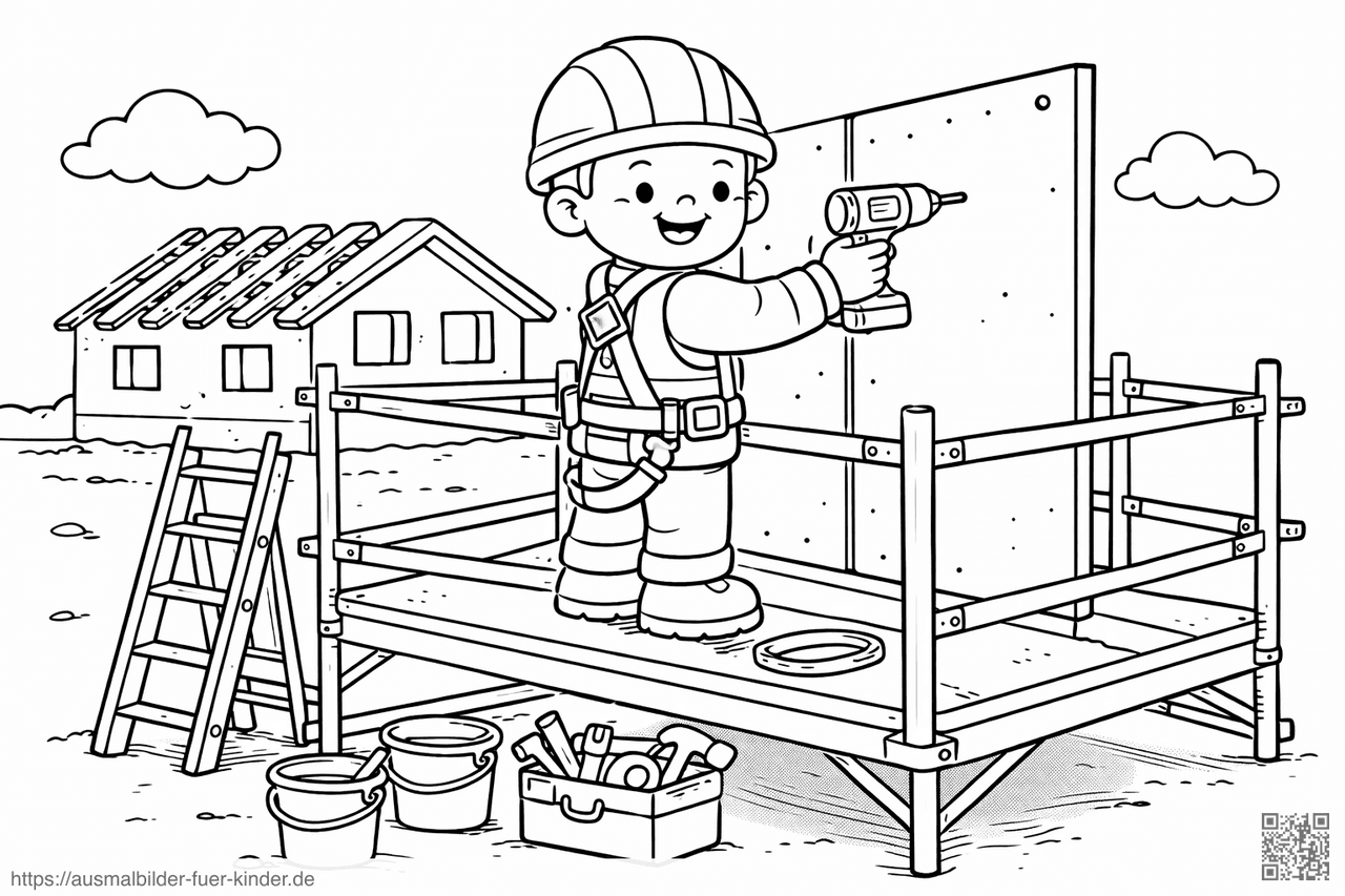 Bauarbeiter sichert Wandpaneel auf Gerüst - Ausmalbild