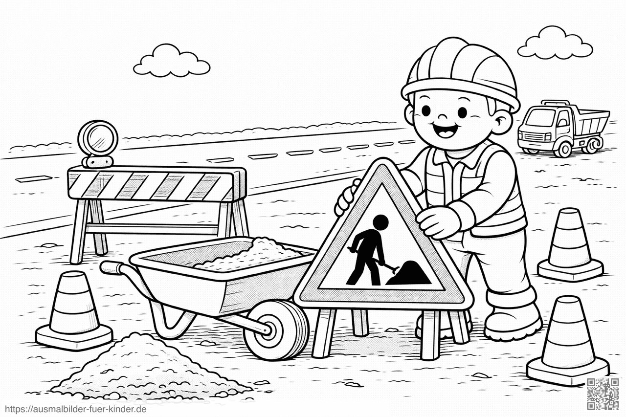 Bauarbeiter stellt Vorwarnschild auf - Ausmalbild