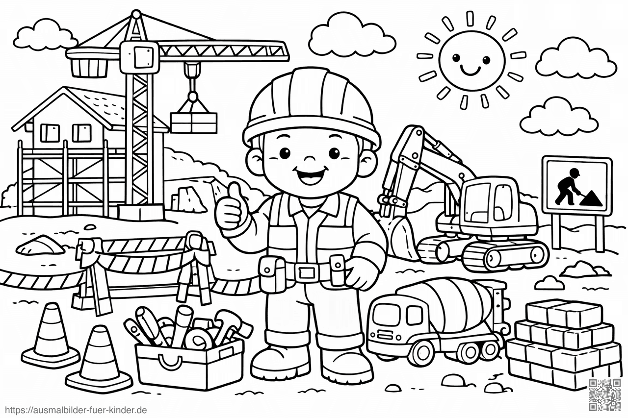 Baustelle mit fröhlichem Arbeiter - Ausmalbild