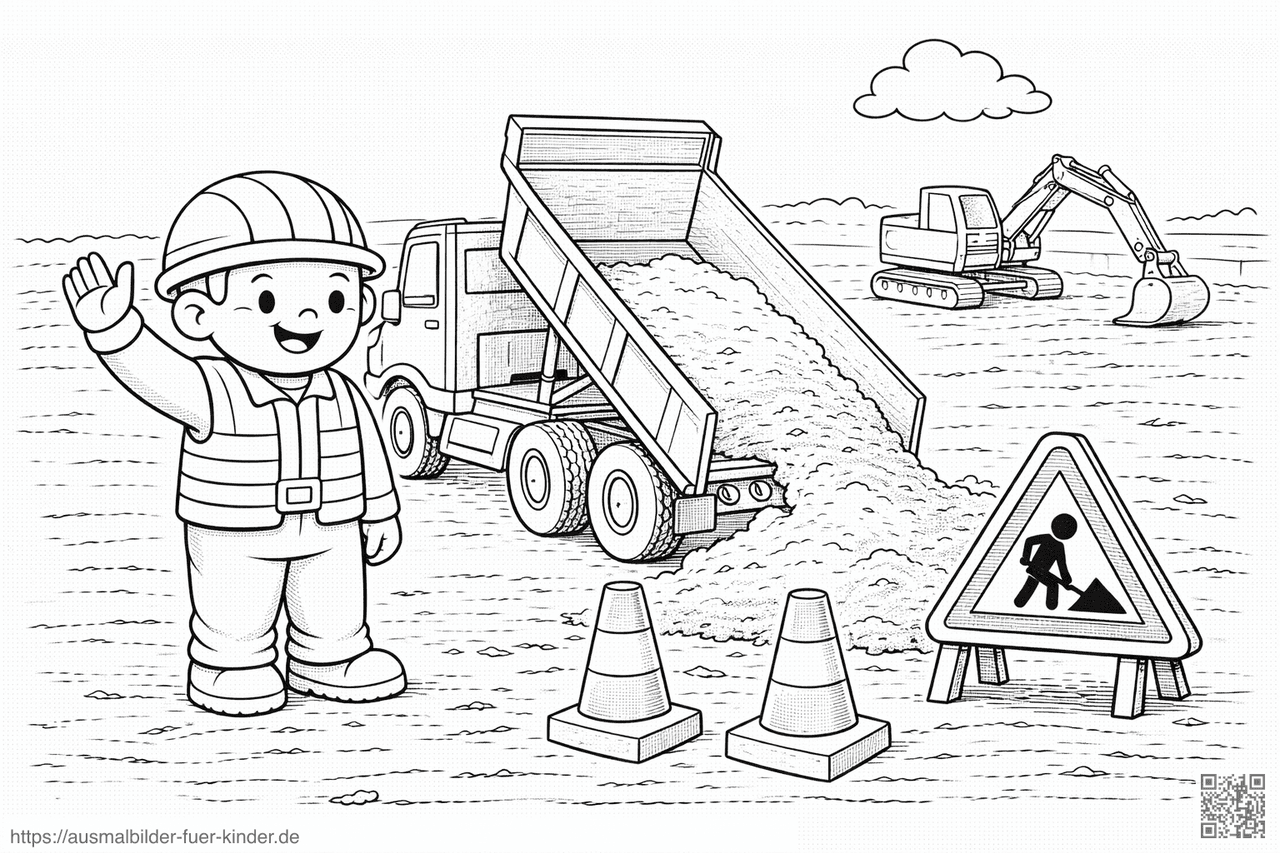 Baustellenarbeiter mit Kipper und Bagger - Ausmalbild