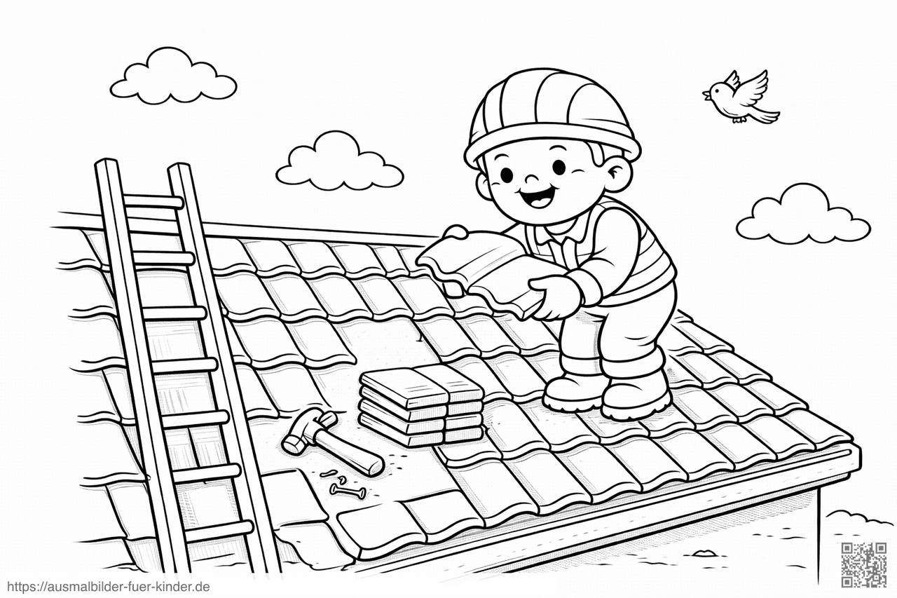 Dachdecker bei der Arbeit auf dem Dach - Ausmalbild