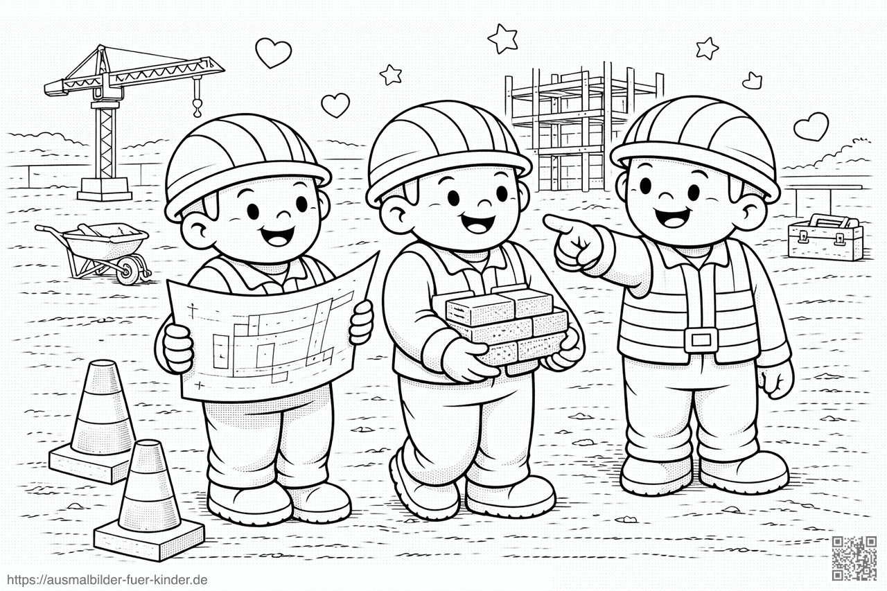 Fröhliche Bauarbeiter auf der Baustelle - Ausmalbild