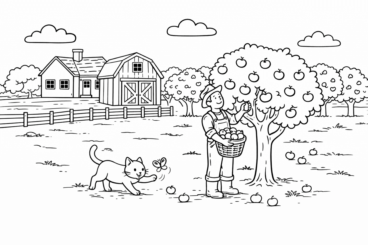 Erntezeit im Apfelhain - Ausmalbild