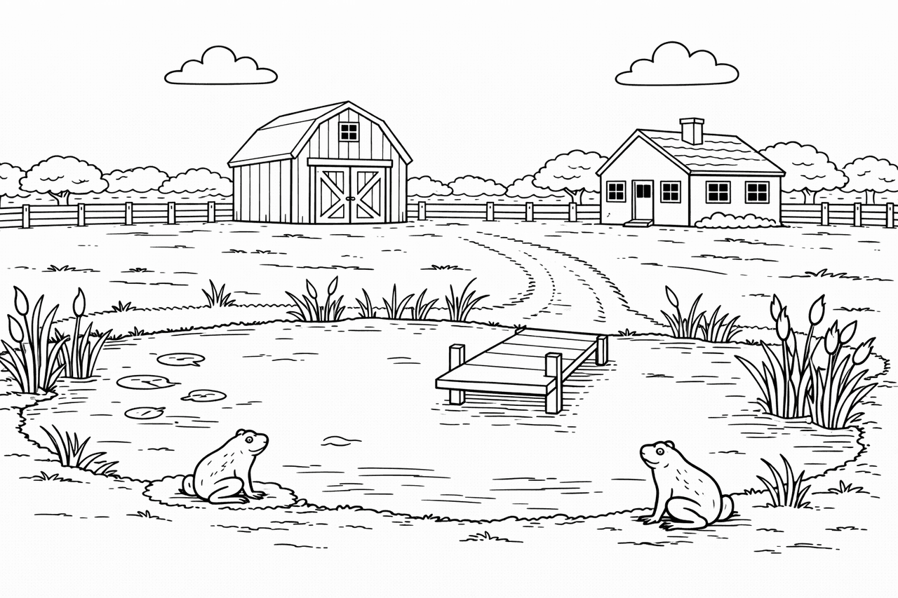 Friedliche Farm am Teich - Ausmalbild