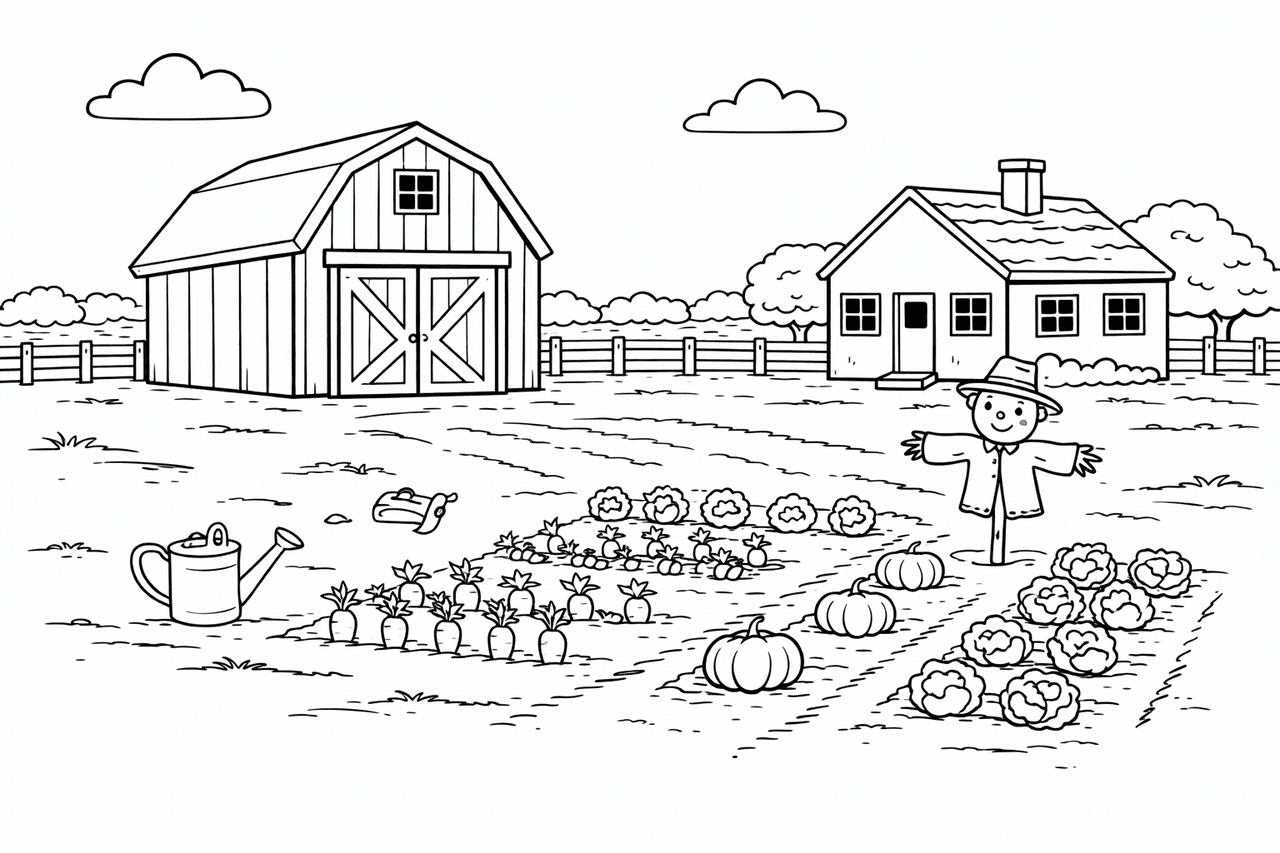 Hofleben mit Garten - Ausmalbild