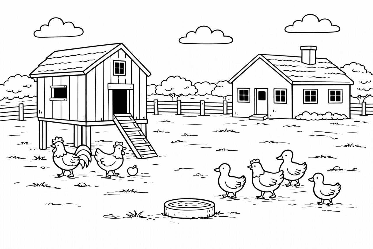 Hofszene mit Hühnerstall - Ausmalbild