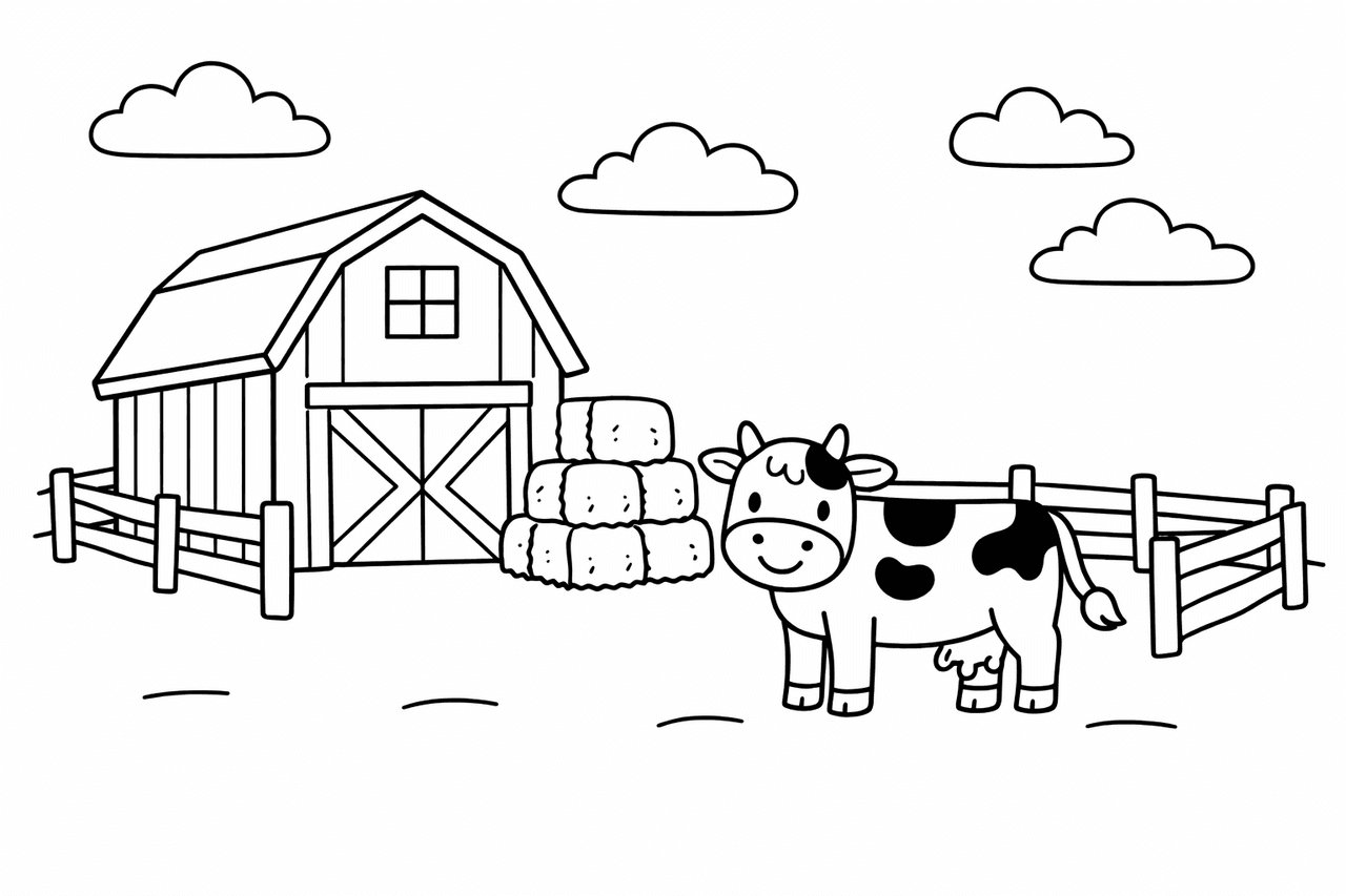 Ländliche Farm mit Kuh - Ausmalbild