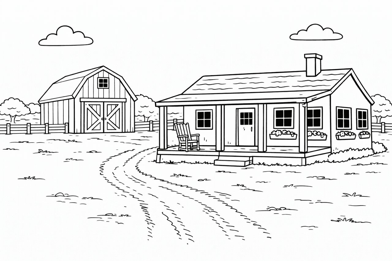 Ländlicher Bauernhof - Ausmalbild