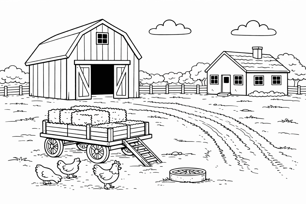 Bauernhof mit Scheune und Heuwagen - Ausmalbild