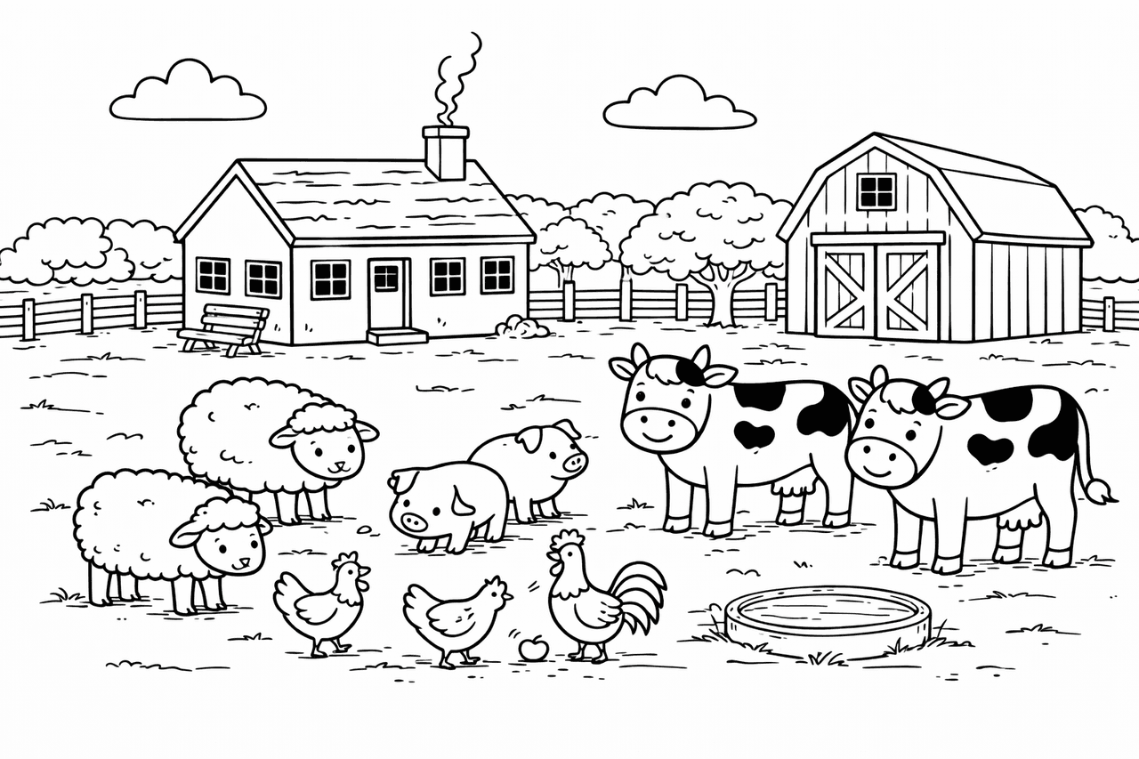 Bauernhof mit Tieren - Ausmalbild
