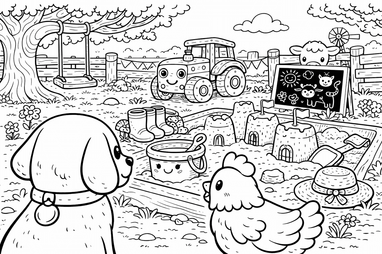 Bauernhof-Spielbereich mit Tieren - Ausmalbild